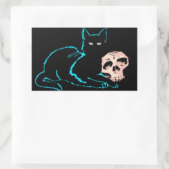 Black Cat & Skull Halloween Blankkarte Rechteckiger Aufkleber (Tasche)