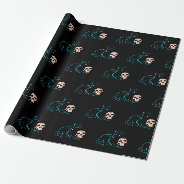 Black Cat & Skull Halloween Geschenkpapier (Ungerollt)