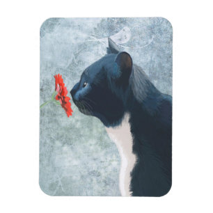 Black Cat Sniffing Blume Magnet