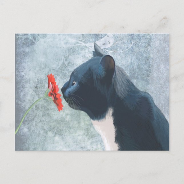 Black Cat Sniffing Blume Postkarte (Vorderseite)