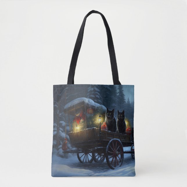 Black Cat Snowy Sleigh Ride Weihnachtsdekor (Vorderseite)