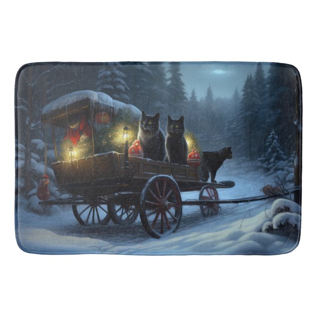 Black Cat Snowy Sleigh Ride Weihnachtsdekor Badematte (Vorderseite)