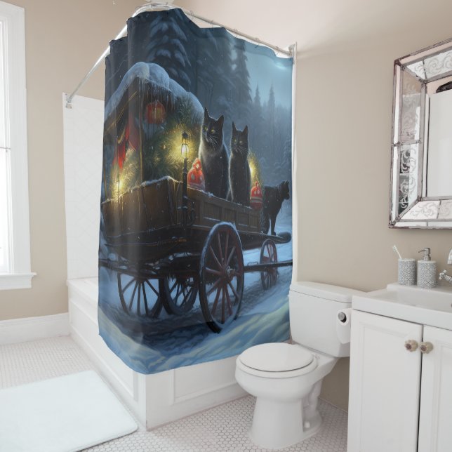 Black Cat Snowy Sleigh Ride Weihnachtsdekor Duschvorhang (Beispiel)