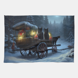 Black Cat Snowy Sleigh Ride Weihnachtsdekor Geschirrtuch