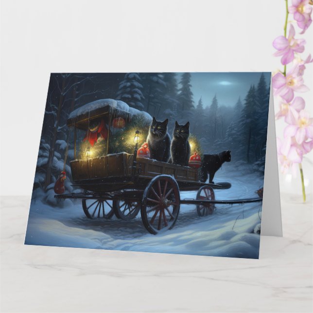 Black Cat Snowy Sleigh Ride Weihnachtsdekor Karte (Orchidee)