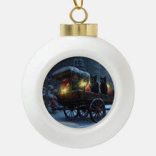 Black Cat Snowy Sleigh Ride Weihnachtsdekor Keramik Kugel-Ornament