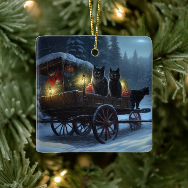 Black Cat Snowy Sleigh Ride Weihnachtsdekor Keramikornament (Baum)