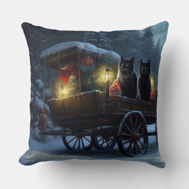 Black Cat Snowy Sleigh Ride Weihnachtsdekor Kissen (Vorderseite)
