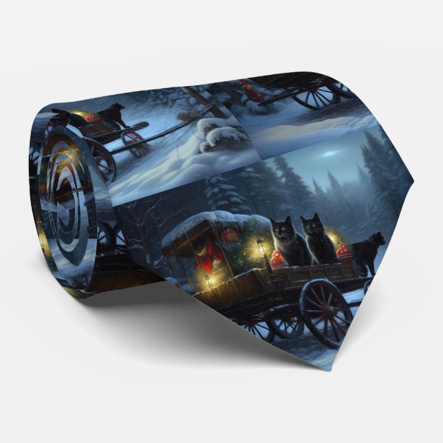 Black Cat Snowy Sleigh Ride Weihnachtsdekor Krawatte (Gerollt)