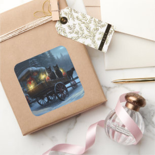 Black Cat Snowy Sleigh Ride Weihnachtsdekor Quadratischer Aufkleber