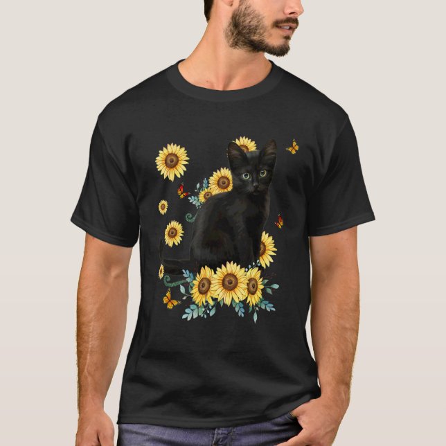 Black Cat Sonnenblume Sonnenblume Katze Sonnensche T-Shirt (Vorderseite)