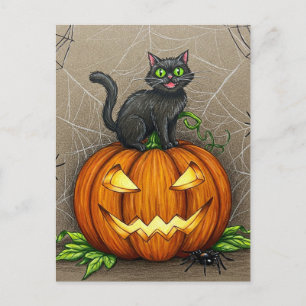 Black Cat Spiders Pumpkin Halloween Postcard Postkarte