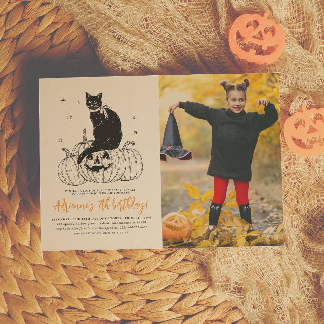 Black Cat Spooky Halloween Pumpkin Foto Geburtstag Einladung (Von Creator hochgeladen)
