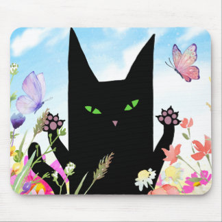 Black Cat Spring Fever: Kitty and Flowers Mousepad