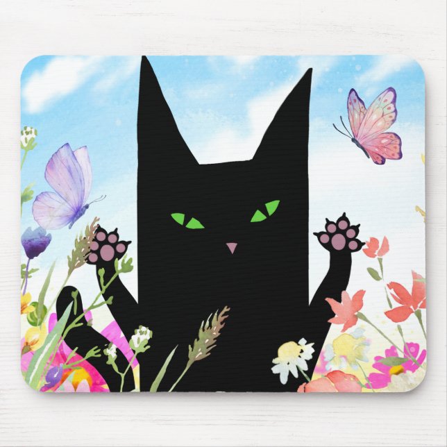 Black Cat Spring Fever:  Kitty and Flowers Mousepad (Vorne)