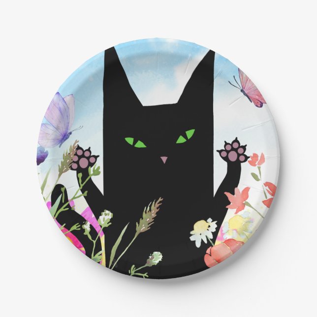 Black Cat Spring Fever:  Kitty and Flowers Pappteller (Vorderseite)