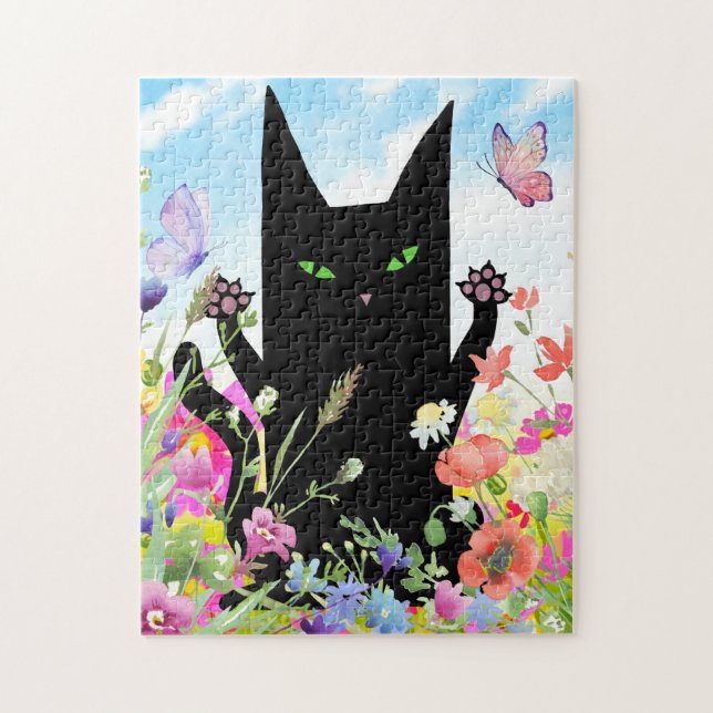 Black Cat Spring Fever:  Kitty and Flowers Puzzle (Vertikal)