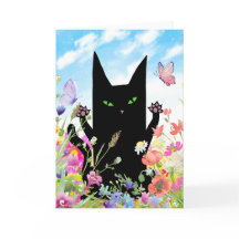 Black Cat Spring Greeting Card: Kitty and Flowers
