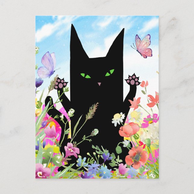 Black Cat Spring Greeting Card:  Kitty and Flowers Postkarte (Vorderseite)