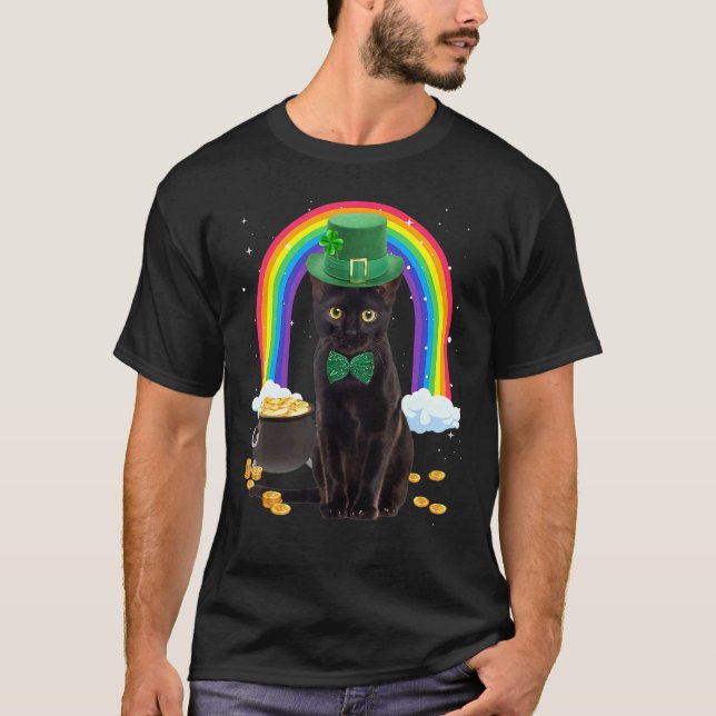 Black Cat St Patricks Day Leprechaun Kostüm Shamr T-Shirt (Vorderseite)