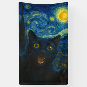 Black Cat Starry Night Van Gogh Cat Selfie Banner