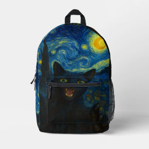 Black Cat Starry Night Van Gogh Cat Selfie Bedruckter Rucksack