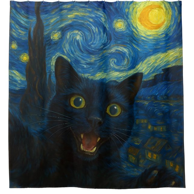 Black Cat Starry Night Van Gogh Cat Selfie Duschvorhang (Vorderseite)