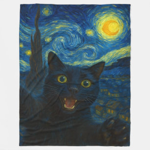 Black Cat Starry Night Van Gogh Cat Selfie Fleecedecke
