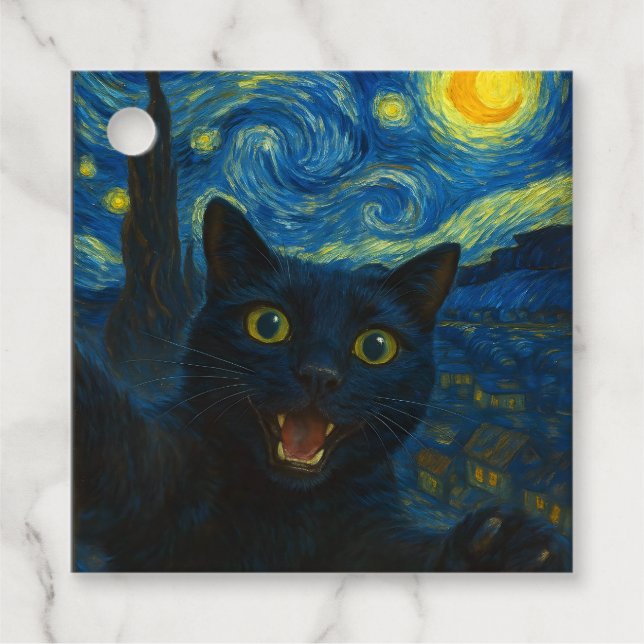 Black Cat Starry Night Van Gogh Cat Selfie Geschenkanhänger (Vorderseite)