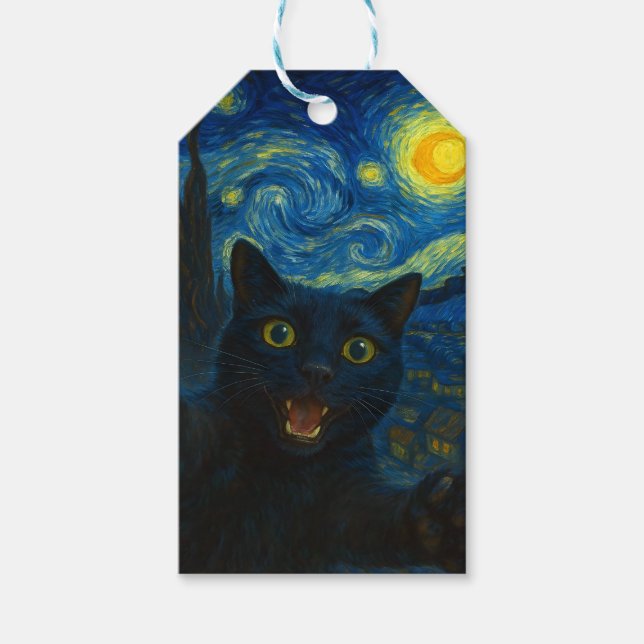 Black Cat Starry Night Van Gogh Cat Selfie Geschenkanhänger (Vorderseite)