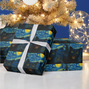 Black Cat Starry Night Van Gogh Cat Selfie Geschenkpapier
