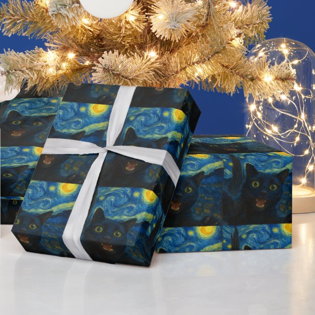 Black Cat Starry Night Van Gogh Cat Selfie Geschenkpapier (Feiertage)