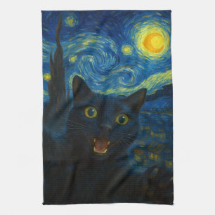 Black Cat Starry Night Van Gogh Cat Selfie Geschirrtuch