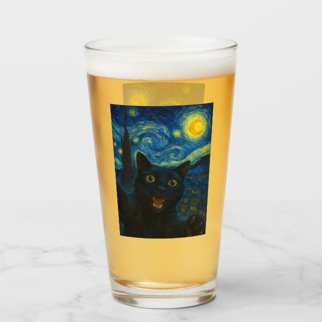 Black Cat Starry Night Van Gogh Cat Selfie Glas (Vorne (Gefüllt))