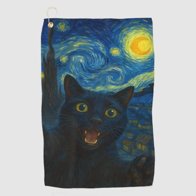 Black Cat Starry Night Van Gogh Cat Selfie Golfhandtuch (Vorderseite)