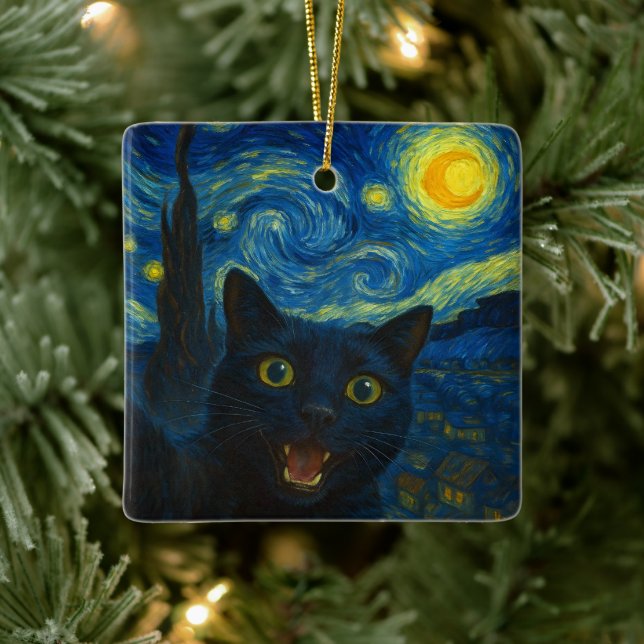 Black Cat Starry Night Van Gogh Cat Selfie Keramikornament (Baum)