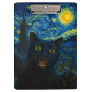 Black Cat Starry Night Van Gogh Cat Selfie Klemmbrett