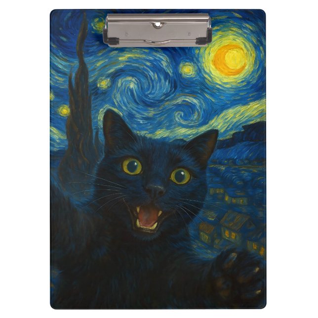Black Cat Starry Night Van Gogh Cat Selfie Klemmbrett (Vorderseite)