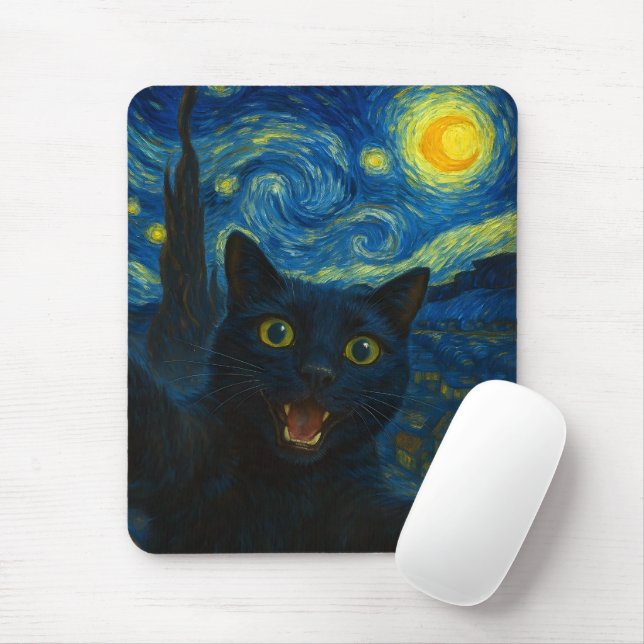 Black Cat Starry Night Van Gogh Cat Selfie Mousepad (Mit Mouse)