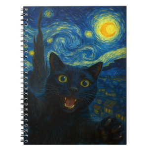 Black Cat Starry Night Van Gogh Cat Selfie Notizblock
