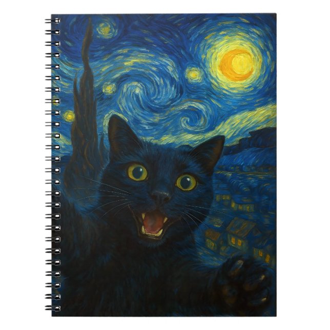 Black Cat Starry Night Van Gogh Cat Selfie Notizblock (Vorderseite)