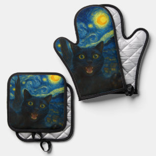 Black Cat Starry Night Van Gogh Cat Selfie Ofenhandschuh & Topflappen-Set