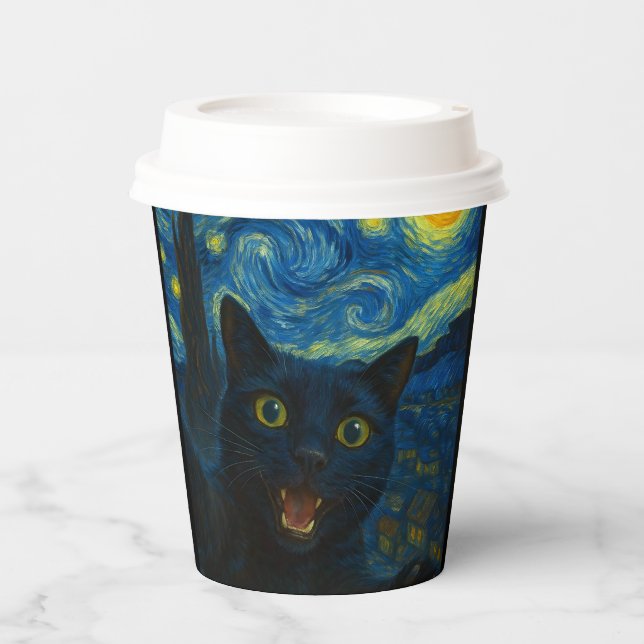 Black Cat Starry Night Van Gogh Cat Selfie Pappbecher (Vorderseite)