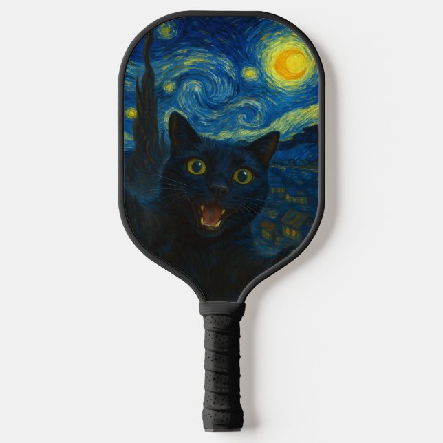 Black Cat Starry Night Van Gogh Cat Selfie Pickleball Schläger (Vorderseite)