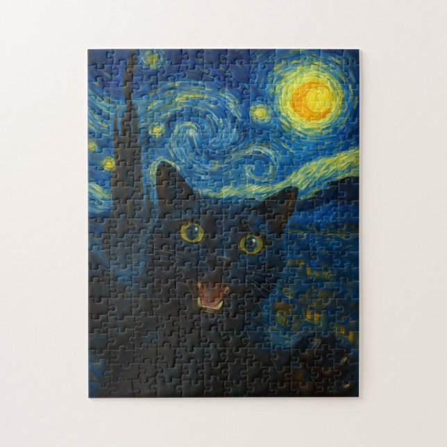 Black Cat Starry Night Van Gogh Cat Selfie Puzzle (Vertikal)