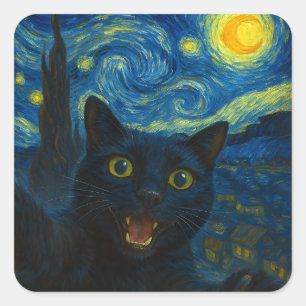Black Cat Starry Night Van Gogh Cat Selfie Quadratischer Aufkleber