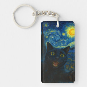 Black Cat Starry Night Van Gogh Cat Selfie Schlüsselanhänger