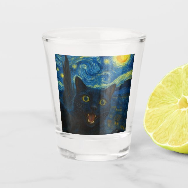 Black Cat Starry Night Van Gogh Cat Selfie Schnapsglas (Vorderseite)