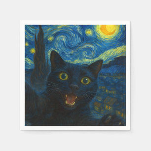 Black Cat Starry Night Van Gogh Cat Selfie Serviette