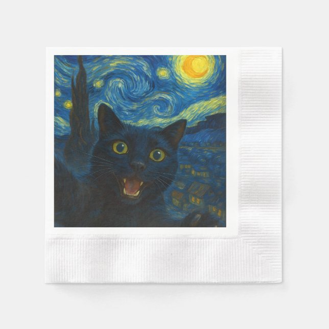 Black Cat Starry Night Van Gogh Cat Selfie Serviette (Vorderseite)